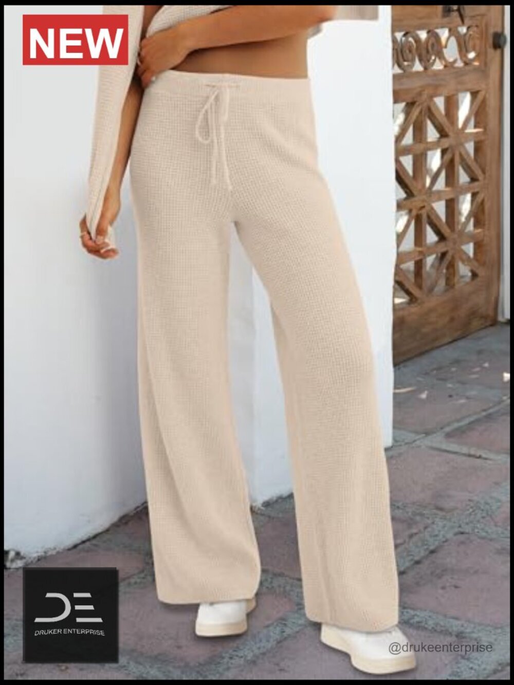 Waffle Knit Two Piece Lounge Set - Pullover & Wide Leg Pants - Picture 6 of 7
